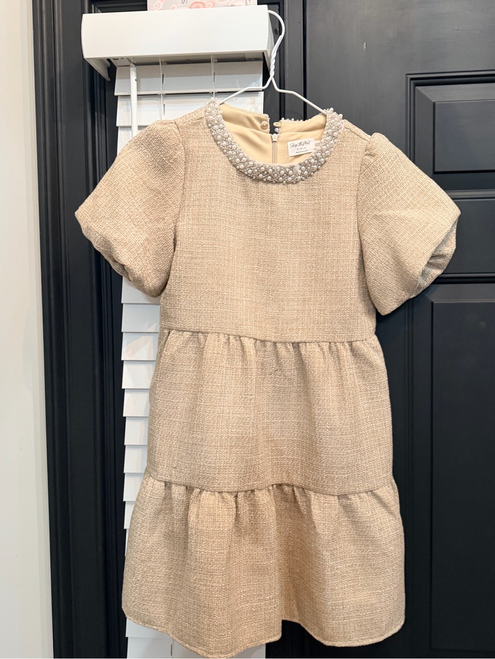 Girls' Tiered Pearl-Trim Beige Dress( Mint Girls)